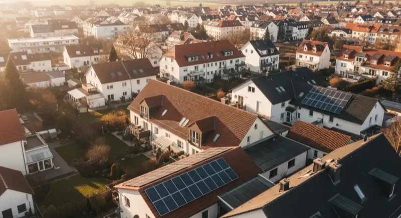 Aerial drone view of typical German residential neighborhood with mixed roof types, red and dark roof tiles, gardens visible, sunny day
