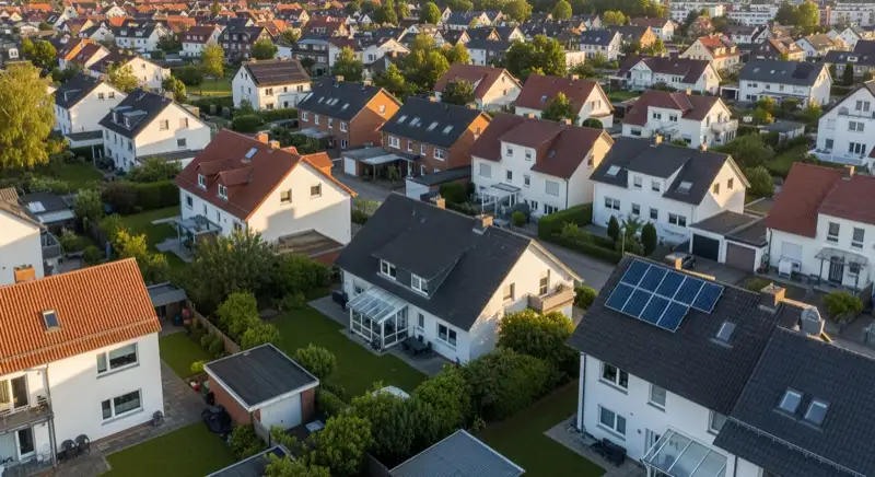 Aerial drone view of typical German residential neighborhood with mixed roof types, red and dark roof tiles, gardens visible, sunny day