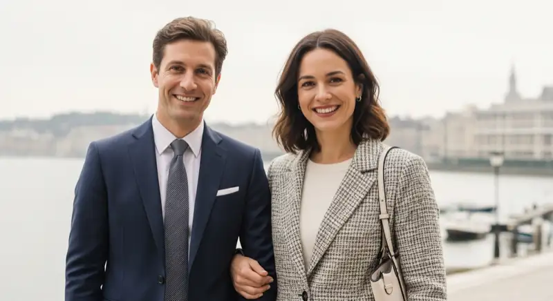 Aerial drone view of typical German residential neighborhood with mixed roof types, red and dark roof tiles, gardens visible, sunny day