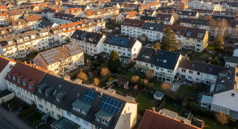 Aerial drone view of typical German residential neighborhood with mixed roof types, red and dark roof tiles, gardens visible, sunny day