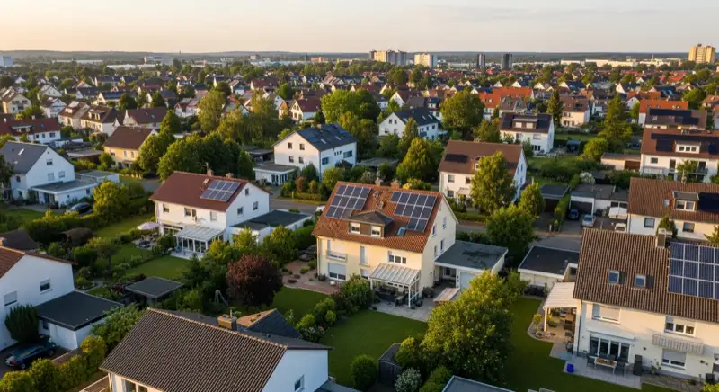 Aerial drone view of typical German residential neighborhood with mixed roof types, red and dark roof tiles, gardens visible, sunny day