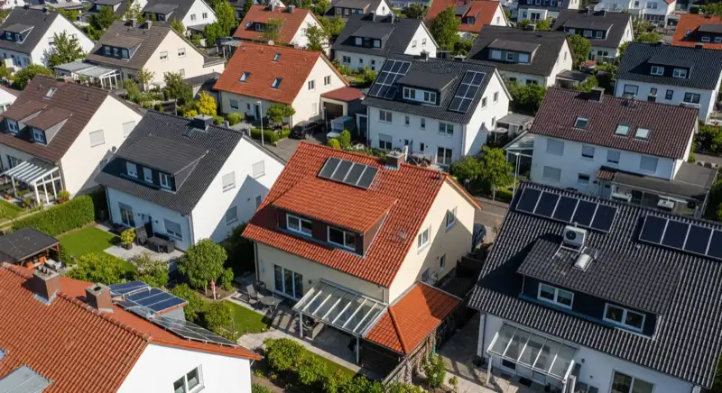 Aerial drone view of typical German residential neighborhood with mixed roof types, red and dark roof tiles, gardens visible, sunny day