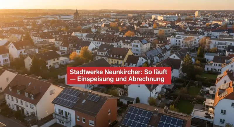 Aerial drone view of typical German residential neighborhood with mixed roof types, red and dark roof tiles, gardens visible, sunny day