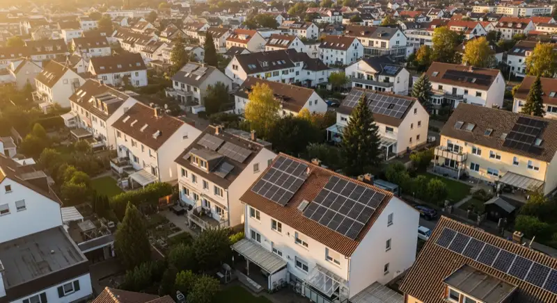Aerial drone view of typical German residential neighborhood with mixed roof types, red and dark roof tiles, gardens visible, sunny day