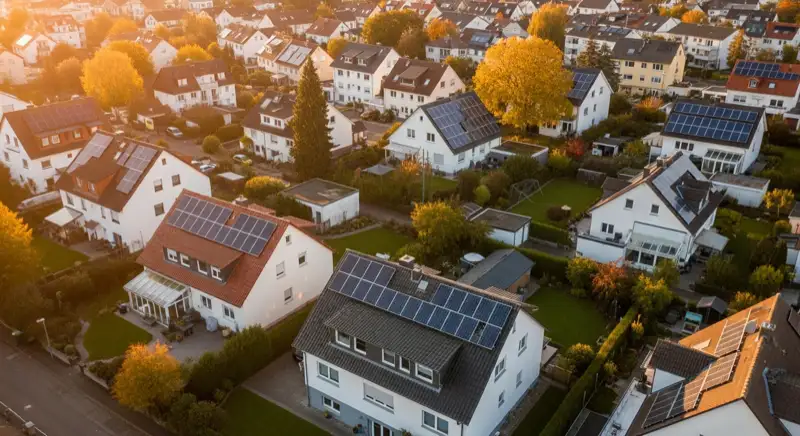 Aerial drone view of typical German residential neighborhood with mixed roof types, red and dark roof tiles, gardens visible, sunny day
