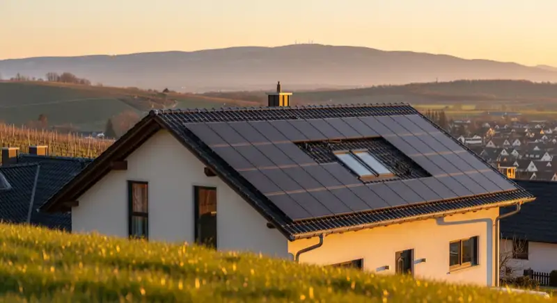 Luftaufnahme von Neustadt an der Weinstraße mit Einfamilienhäusern und Solaranlagen auf Dächern, Rhein im Hintergrund, grüne Wohngebiete