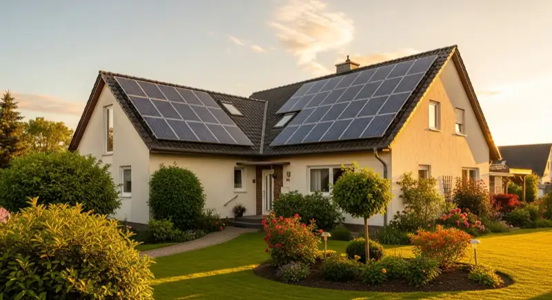 German detached house (Einfamilienhaus) with photovoltaic panels on pitched roof, well-maintained garden, warm afternoon sunlight