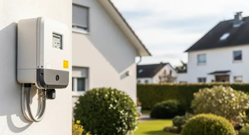 Modern German electrical meter cabinet (Zählerschrank) with smart meter and solar inverter connection, clean technical installation