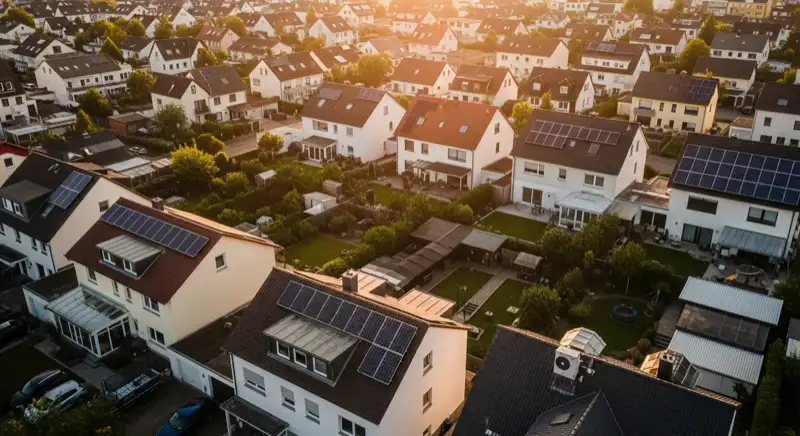 Aerial drone view of typical German residential neighborhood with mixed roof types, red and dark roof tiles, gardens visible, sunny day