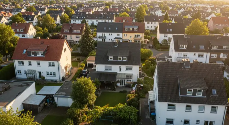 Aerial drone view of typical German residential neighborhood with mixed roof types, red and dark roof tiles, gardens visible, sunny day