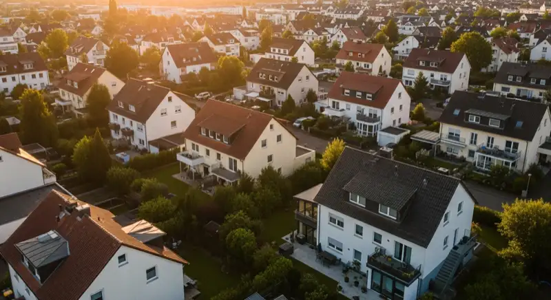 Aerial drone view of typical German residential neighborhood with mixed roof types, red and dark roof tiles, gardens visible, sunny day
