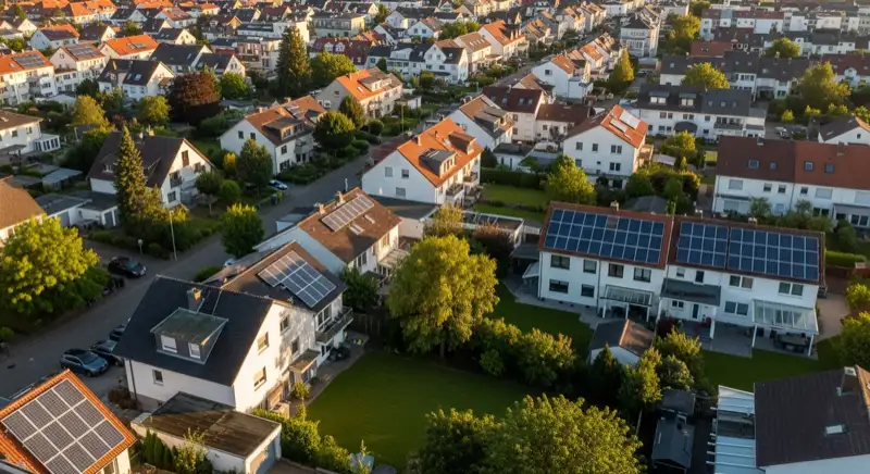 Aerial drone view of typical German residential neighborhood with mixed roof types, red and dark roof tiles, gardens visible, sunny day