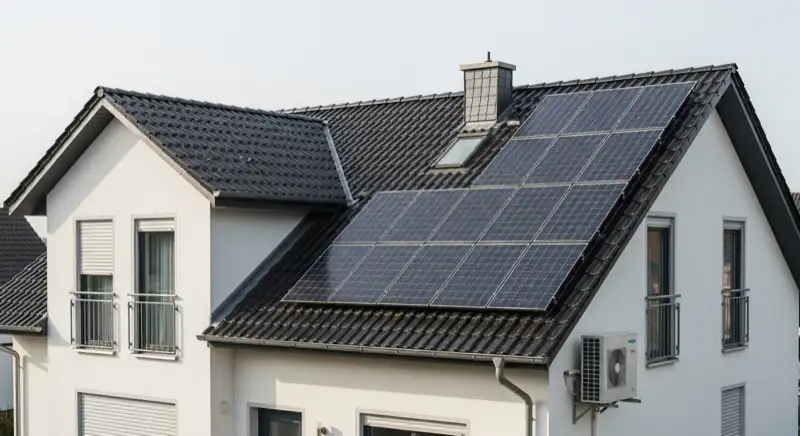 Solartechniker bei der Wartung einer Photovoltaikanlage auf einem Hausdach in Neuwied