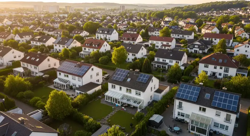 Aerial drone view of typical German residential neighborhood with mixed roof types, red and dark roof tiles, gardens visible, sunny day