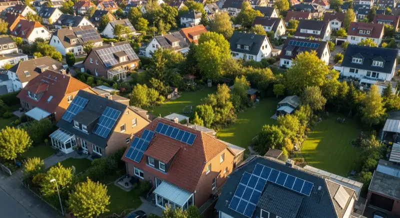 Aerial drone view of typical German residential neighborhood with mixed roof types, red and dark roof tiles, gardens visible, sunny day