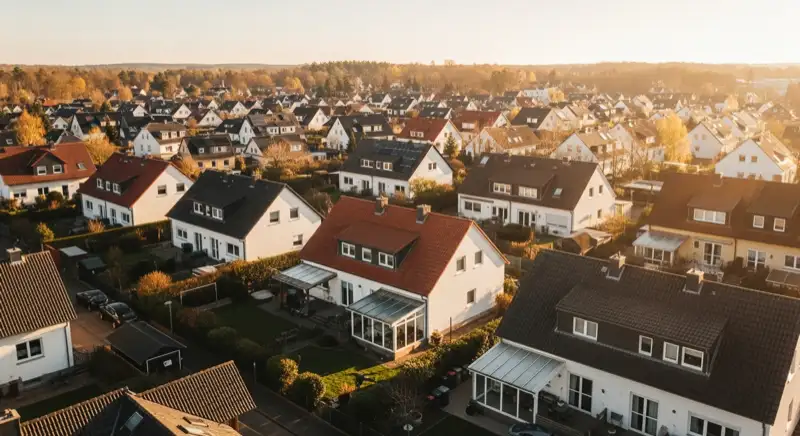 Aerial drone view of typical German residential neighborhood with mixed roof types, red and dark roof tiles, gardens visible, sunny day