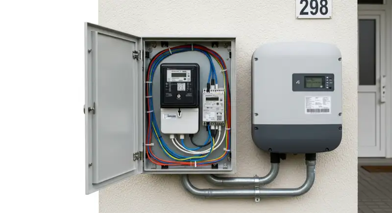 Modern German electrical meter cabinet (Zählerschrank) with smart meter and solar inverter connection, clean technical installation