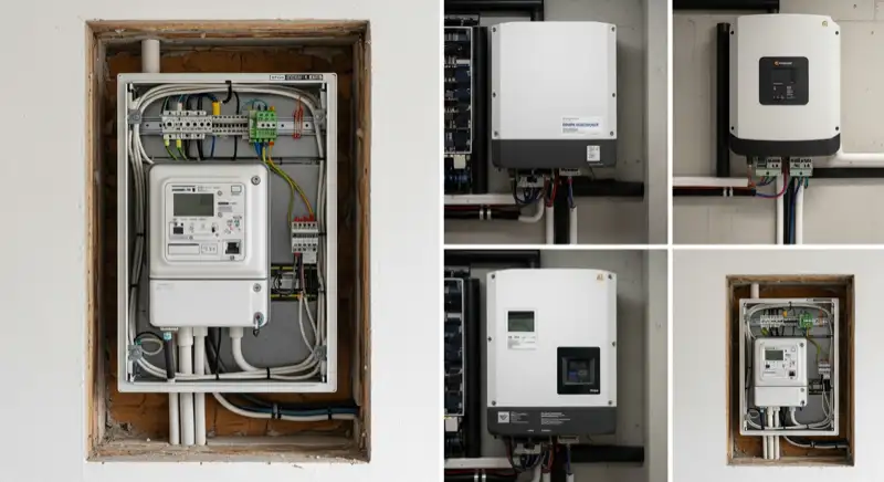 Modern German electrical meter cabinet (Zählerschrank) with smart meter and solar inverter connection, clean technical installation