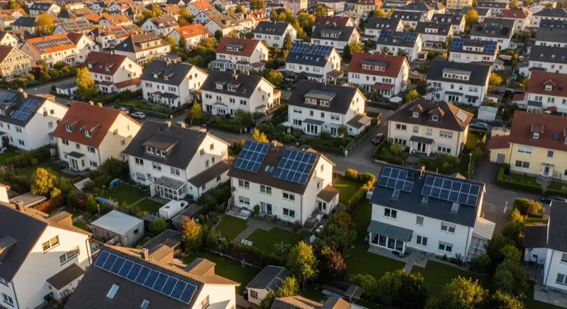 Aerial drone view of typical German residential neighborhood with mixed roof types, red and dark roof tiles, gardens visible, sunny day