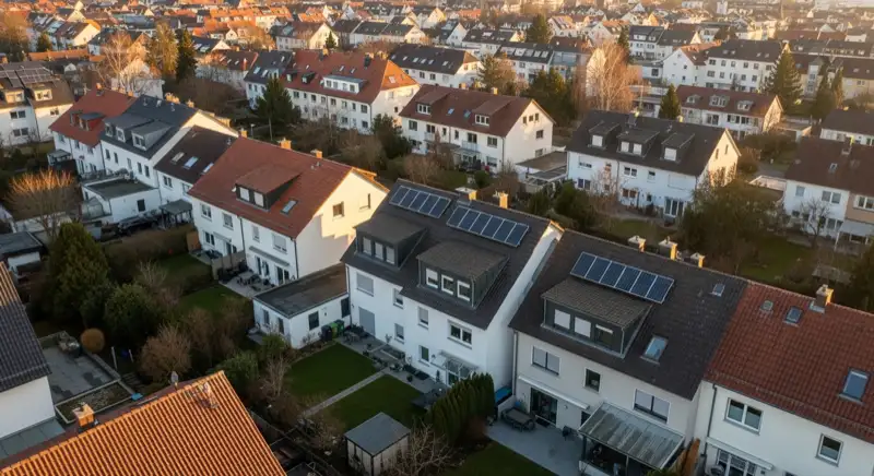 Aerial drone view of typical German residential neighborhood with mixed roof types, red and dark roof tiles, gardens visible, sunny day