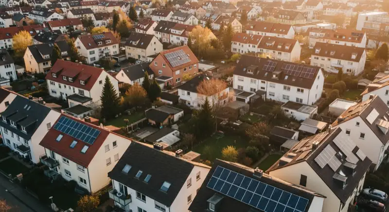 Aerial drone view of typical German residential neighborhood with mixed roof types, red and dark roof tiles, gardens visible, sunny day