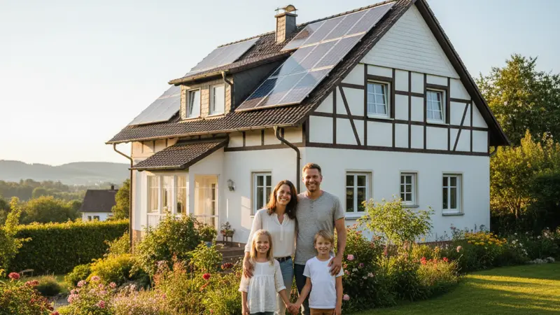 Familie vor Nürnberger Einfamilienhaus mit Photovoltaik