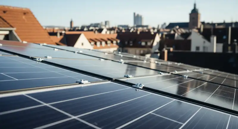 Installateur montiert Solarmodule auf Einfamilienhaus-Dach in Nürnberg mit Blick auf die Stadt