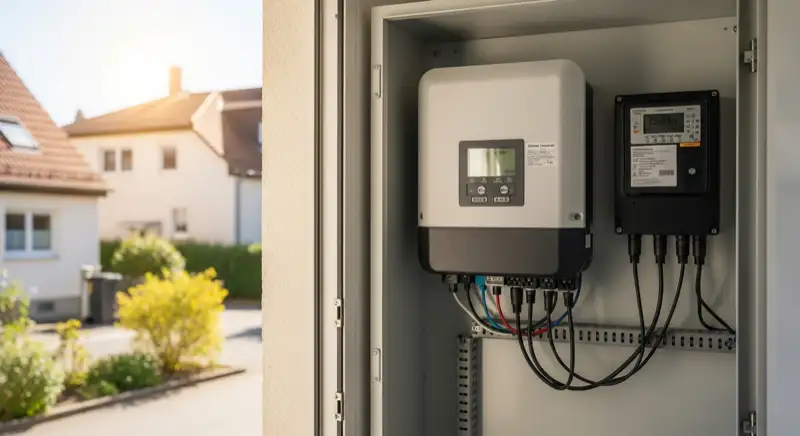Modern German electrical meter cabinet (Zählerschrank) with smart meter and solar inverter connection, clean technical installation