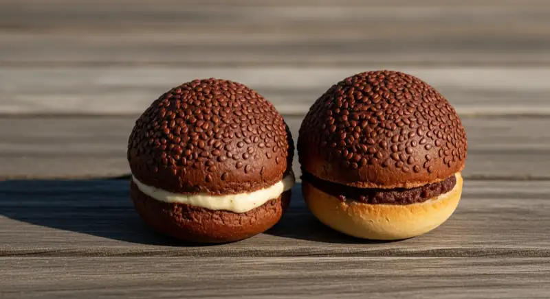 Aerial drone view of typical German residential neighborhood with mixed roof types, red and dark roof tiles, gardens visible, sunny day