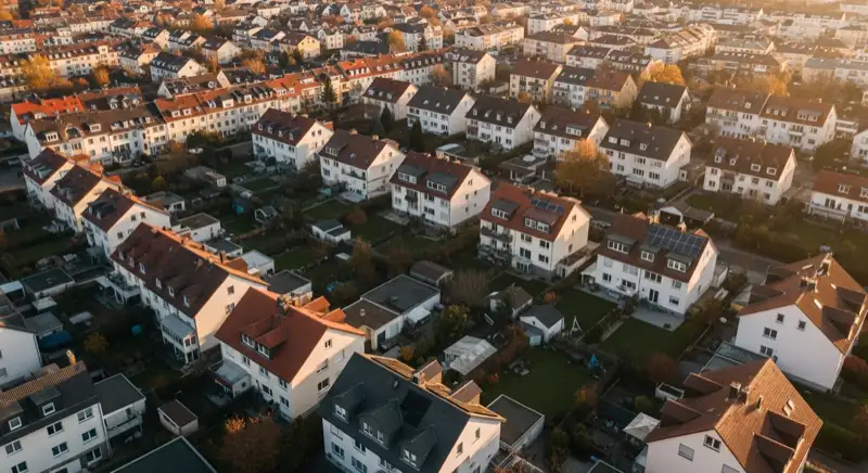 Aerial drone view of typical German residential neighborhood with mixed roof types, red and dark roof tiles, gardens visible, sunny day
