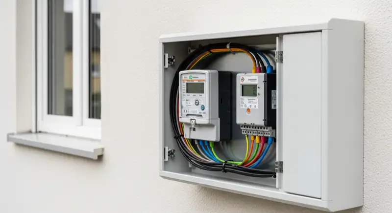 Modern German electrical meter cabinet (Zählerschrank) with smart meter and solar inverter connection, clean technical installation
