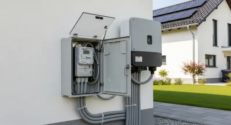 Modern German electrical meter cabinet (Zählerschrank) with smart meter and solar inverter connection, clean technical installation