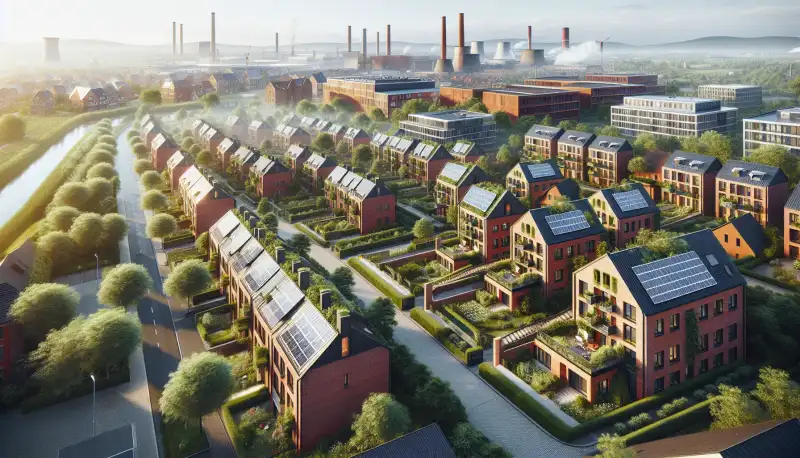 Wohnviertel in Oberhausen mit Solaranlagen auf Reihenhausdächern, typische Ruhrgebietsarchitektur