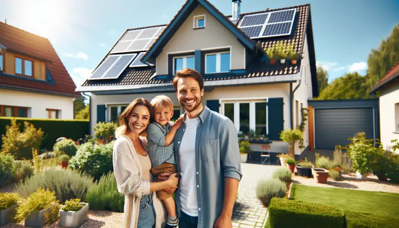 Familie vor ihrem Eigenheim mit neuer Solaranlage auf dem Dach, sonniger Tag, Garten sichtbar