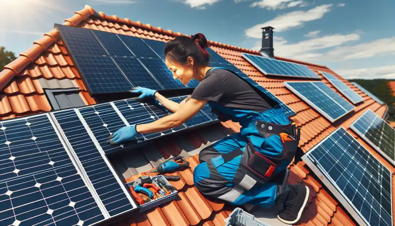 Facharbeiter bei der Montage von Solarmodulen auf einem Hausdach in Oberhausen
