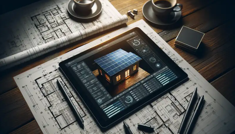 Solaranlage-Planungssoftware auf Tablet neben Bauplänen und Kaffeetasse auf Schreibtisch