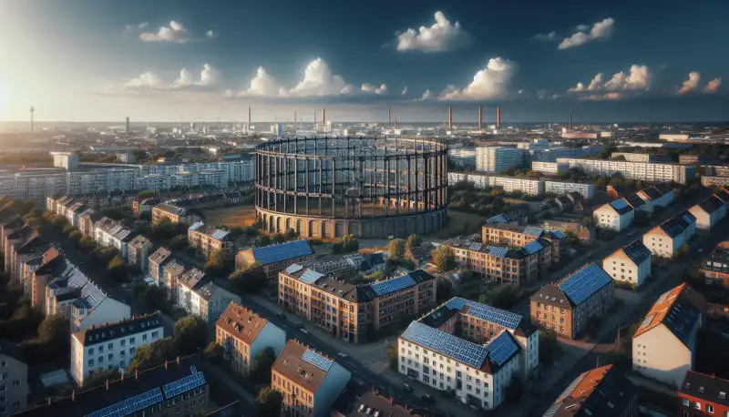 Luftaufnahme von Oberhausen mit Wohngebieten, Industriedenkmälern und Solaranlagen auf Dächern