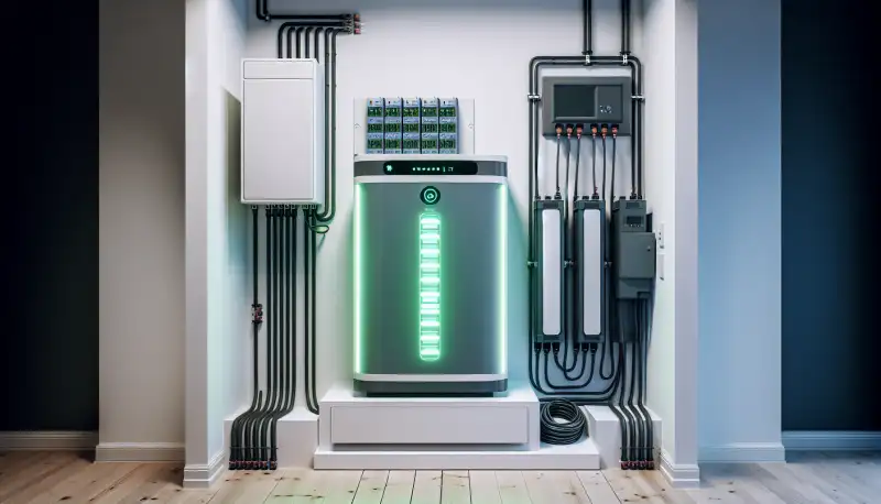 Moderner Batteriespeicher an einer Hauswand montiert, sauber verkabelt mit grünen LED-Anzeigen
