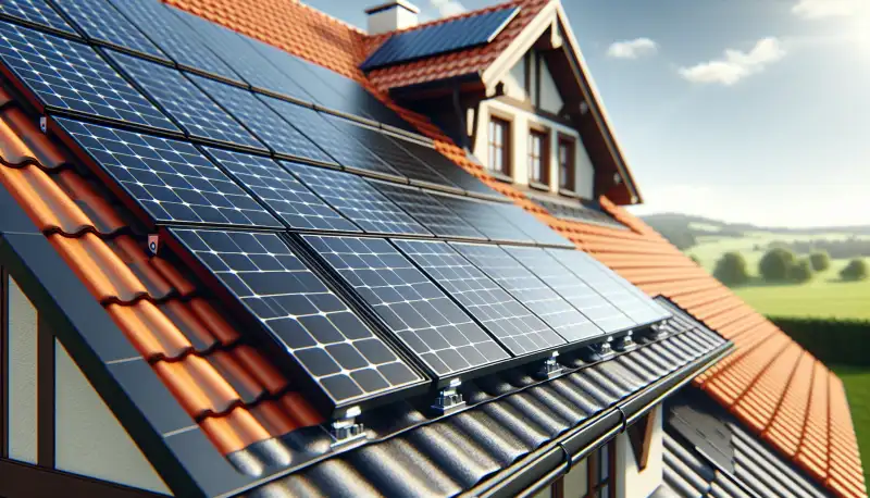 Nahaufnahme moderner Solarmodule auf einem Schrägdach in Oberhausen