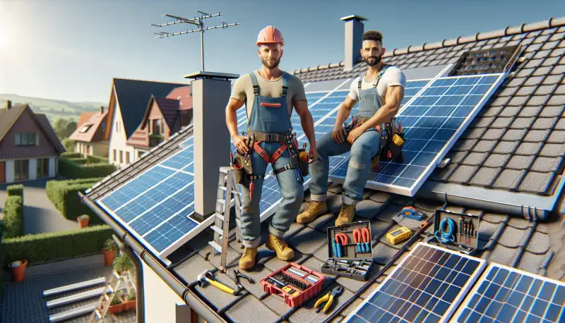 Solartechniker bei der Montage von Photovoltaikmodulen auf einem Hausdach im Ruhrgebiet