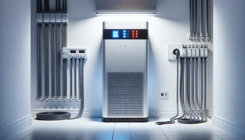 Moderner Batteriespeicher an einer weißen Wand in einem Oberhausener Hauswirtschaftsraum