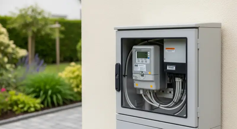 Modern German electrical meter cabinet (Zählerschrank) with smart meter and solar inverter connection, clean technical installation