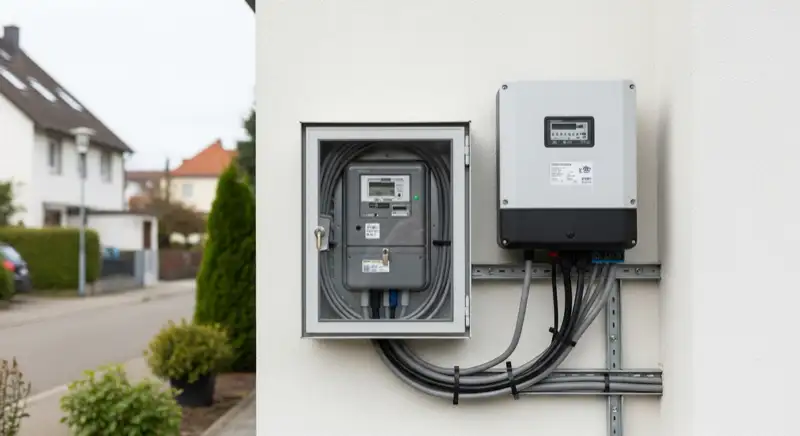 Modern German electrical meter cabinet (Zählerschrank) with smart meter and solar inverter connection, clean technical installation
