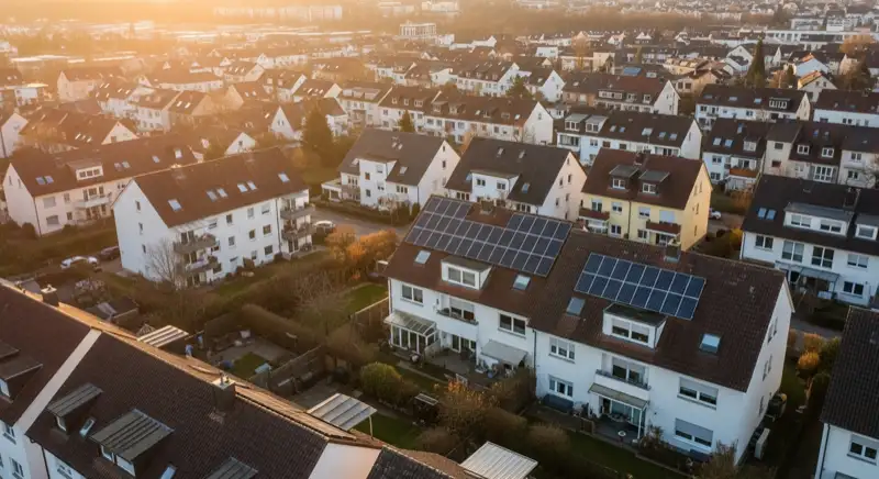 Aerial drone view of typical German residential neighborhood with mixed roof types, red and dark roof tiles, gardens visible, sunny day