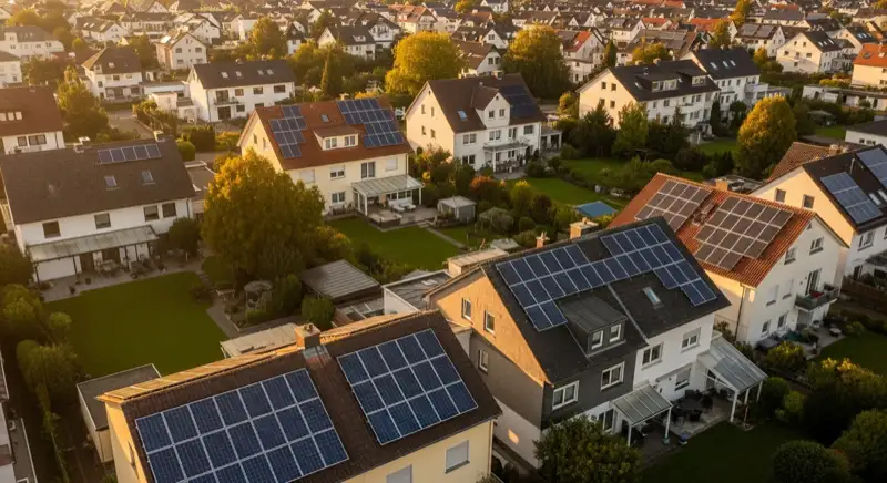 Aerial drone view of typical German residential neighborhood with mixed roof types, red and dark roof tiles, gardens visible, sunny day