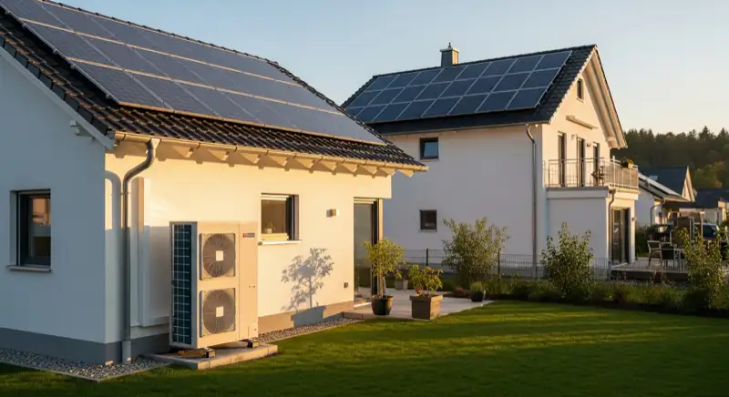 Wärmepumpe Außeneinheit an modernem Einfamilienhaus in Oberursel mit Solaranlage auf dem Dach
