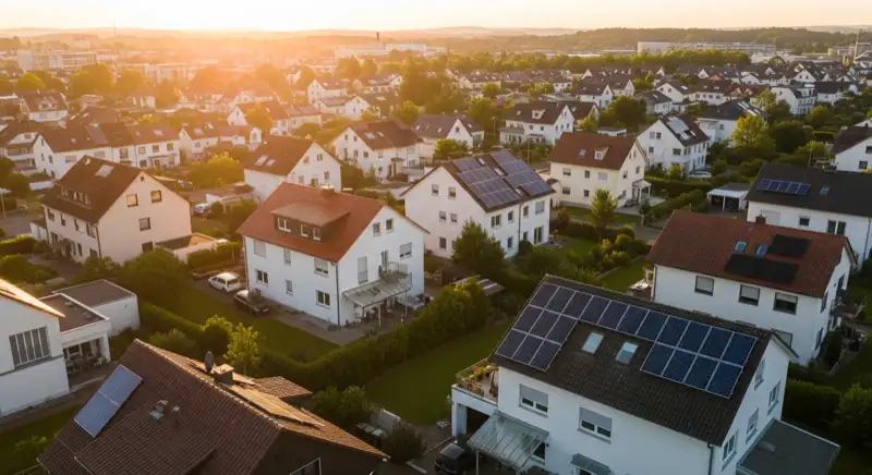 Aerial drone view of typical German residential neighborhood with mixed roof types, red and dark roof tiles, gardens visible, sunny day