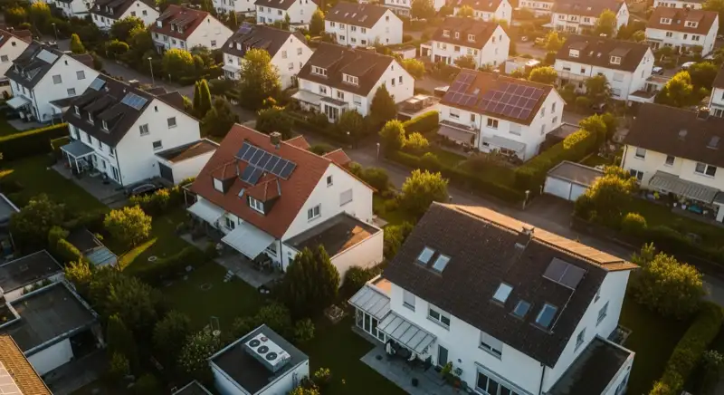 Aerial drone view of typical German residential neighborhood with mixed roof types, red and dark roof tiles, gardens visible, sunny day