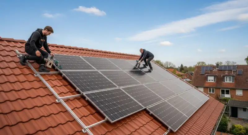 Installateure montieren Solarmodule auf einem roten Ziegeldach in Oldenburg