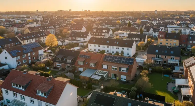Aerial drone view of typical German residential neighborhood with mixed roof types, red and dark roof tiles, gardens visible, sunny day
